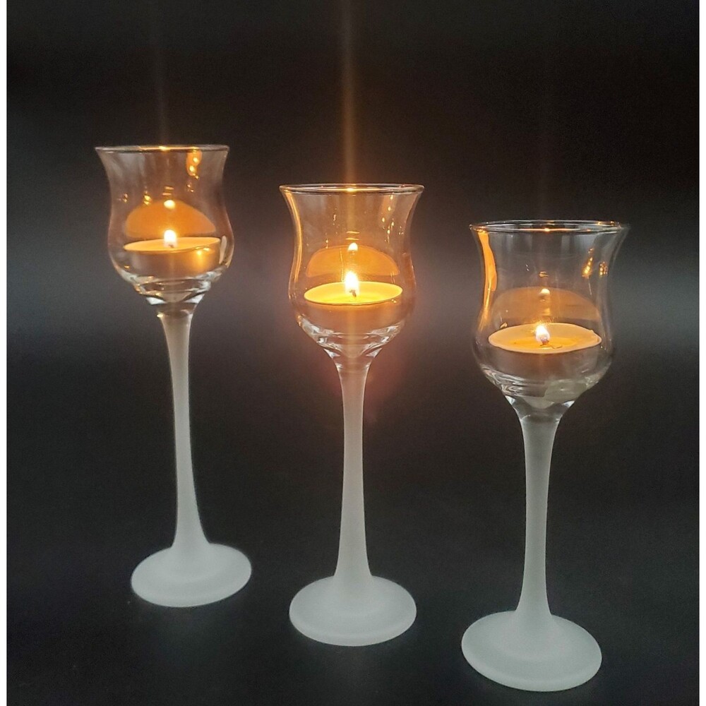 90s PartyLite Iced Crystal Trio Votive Candle Holders Frosted Stems 6.5"-7"-7.5"